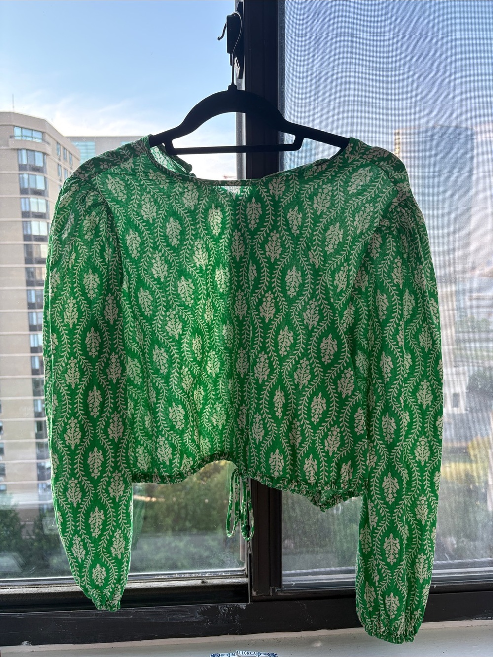 Green Printed Long Sleeve Crop Top